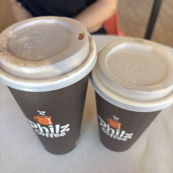 Philz Coffee - large tiramisu latte (left) & medium honey hazelnut latte (right) - Coffee & Tea Near Me - Rancho Cucamonga, California Philz Coffee - large tiramisu latte (left) & medium honey hazelnut latte (right) - Coffee & Tea Near Me - Rancho Cucamonga, California