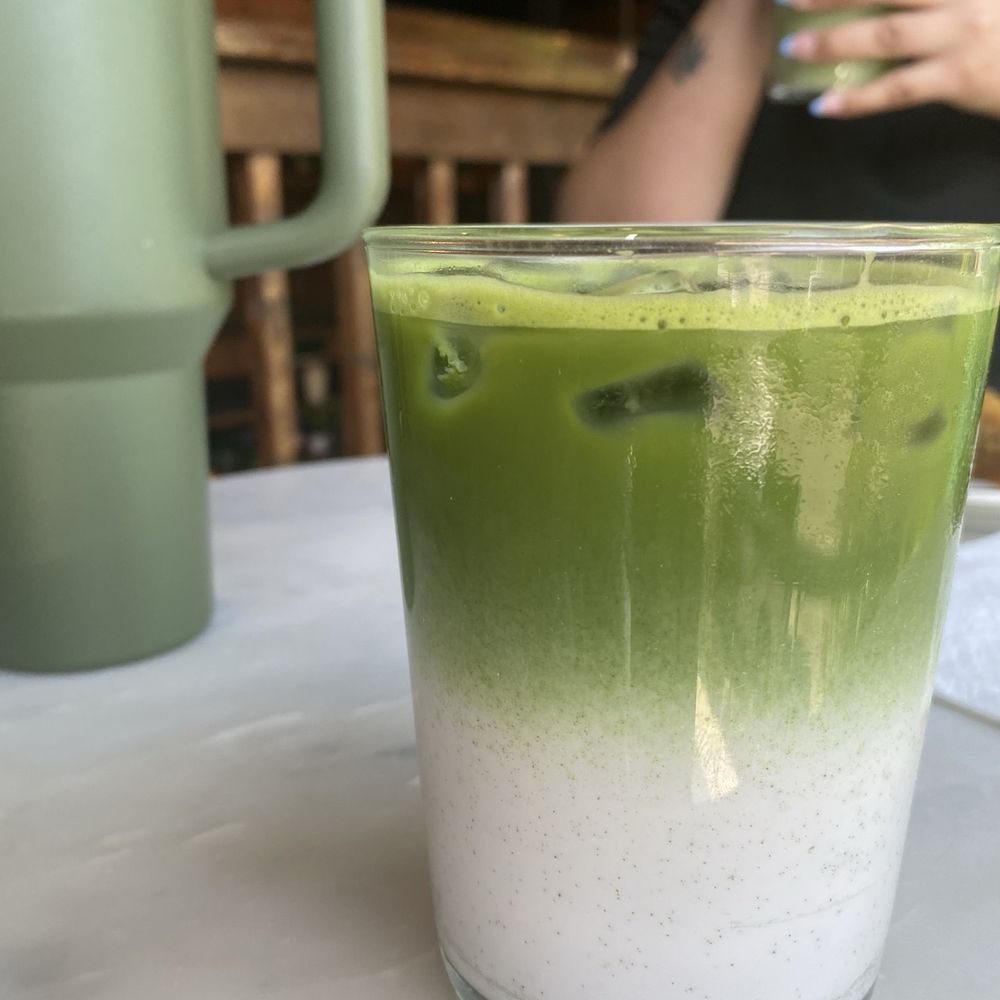 Agora - Blueberry matcha (both) for here, upstairs seating, window and street side. - Coffee & Tea Near Me - Houston, Texas