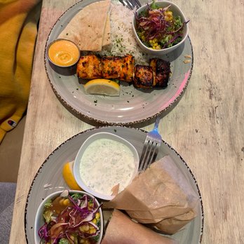 Crimson - Salmon plate and falafel wrap... which clearly is so wrapped you can't see it. - Mediterranean Near Me - Santa Monica, California Crimson - Salmon plate and falafel wrap... which clearly is so wrapped you can't see it. - Mediterranean Near Me - Santa Monica, California
