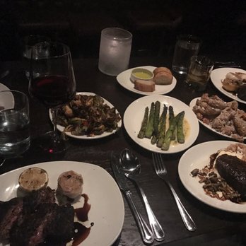 KR SteakBar - Hanger steak on Left; Spinalis steaks on lower Left and far Right side; Filet steak on lower Right; Brussel sprouts, asparagus and potatoes! - Steakhouses Near Me - Atlanta, Georgia