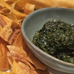 Plantain chips and a spinach? Dip? Whatever it was it was delicious. Plantain chips and a spinach? Dip? Whatever it was it was delicious.