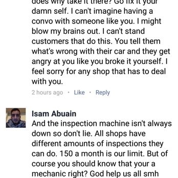 Premier Auto Care - Isam Abusin reply to my review on dfacebook, later removed - Auto Repair Near Me - Houston, Texas