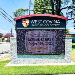 West Covina USD - Frontal View of School Start Sign:  No excuses now! The sign's clear--August 14 is the day. Ready, set, school!