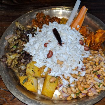 Bajeko Sekuwa - ~ Kathmandu Khaja Set - this was a cold dish of a variety of items; all different; all delicious w.beaten rice - Himalayan/Nepalese Near Me - Sunnyside, New York