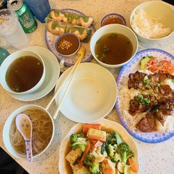 Pho Viet Express - Spring Rolls, Pork Chop Plate and #61 , and a kids pho