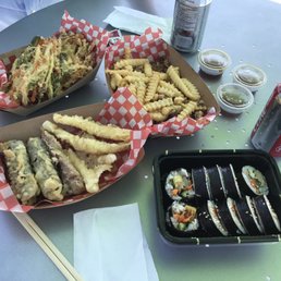 Veggies tempura, seaweed rolls, tuna rolls, deep fried squid