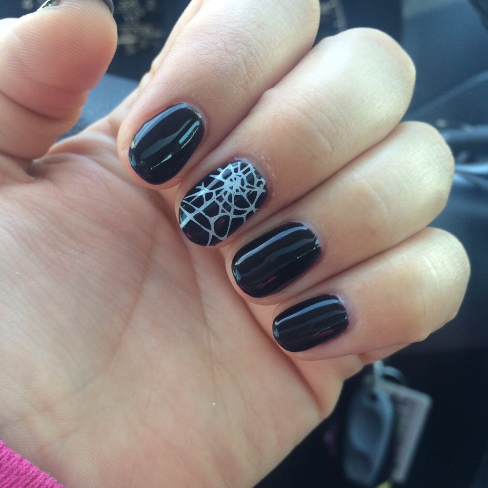 Nail Care - Spider web on black gel nail polish. My last gel mani lasted 2 1/2 weeks. - Nail Salons Near Me - Plano, Texas Nail Care - Spider web on black gel nail polish. My last gel mani lasted 2 1/2 weeks. - Nail Salons Near Me - Plano, Texas