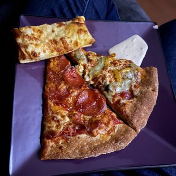Panago Pizza - three slices of pizza on a purple plate - Pizza Near Me - Mill Bay, British Columbia