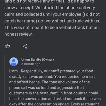 Union Square Bistro - Dodgey, immature response from owner.  Lack of respect, flipping responsibility on customer. - Mexican Near Me - Riverside, Rhode Island