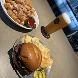 Smash burger, truffle tots, Citra Butt Down (CBD) Hazy IPA Smash burger, truffle tots, Citra Butt Down (CBD) Hazy IPA