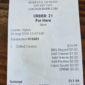 The Chicken Barn - My receipt. - American Near Me - Modesto, California The Chicken Barn - My receipt. - American Near Me - Modesto, California