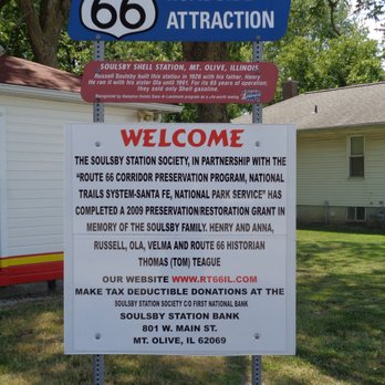 Soulsby's Service Station - Route 66 signage, signifying its importance on the old road - Landmarks & Historical Buildings Near Me - Mount Olive, Illinois Soulsby's Service Station - Route 66 signage, signifying its importance on the old road - Landmarks & Historical Buildings Near Me - Mount Olive, Illinois