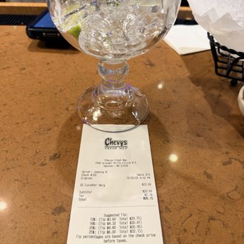 Chevys Fresh Mex - Cucumber Jalapeño Grande Margarita = $23.99.   WOW  Not big for a "grande" & way too much ice.  ROBBERY - very disappointed !!! - Bars Near Me - Hanover, Maryland