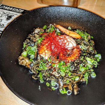 SUSHI-SAN - Squid Ink Yaki Soba - chanpan noodles, garlic squid ink, roasted octopus, shrimp, scallop, chilli threads, green onion, sesame, molten egg - Sushi Bars Near Me - Chicago, Illinois SUSHI-SAN - Squid Ink Yaki Soba - chanpan noodles, garlic squid ink, roasted octopus, shrimp, scallop, chilli threads, green onion, sesame, molten egg - Sushi Bars Near Me - Chicago, Illinois