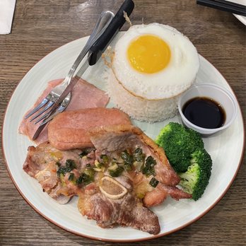 New Broadway Bistro - Combination with Egg over Rice (Spam, Ham, Pork Chop) $17 - Chinese Near Me - Millbrae, California New Broadway Bistro - Combination with Egg over Rice (Spam, Ham, Pork Chop) $17 - Chinese Near Me - Millbrae, California