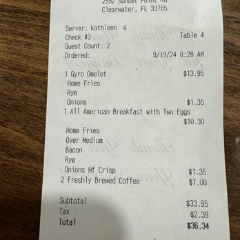 Busy Bee Diner - Breffist Tab...$1.35 for onions?! - Desserts Near Me - Clearwater, Florida
