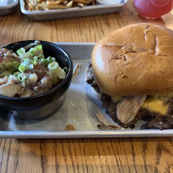 Common Roots Brewing - Smash burger (thin as a sheet of paper) with German potato salad. - Breweries Near Me - Albany, New York Common Roots Brewing - Smash burger (thin as a sheet of paper) with German potato salad. - Breweries Near Me - Albany, New York