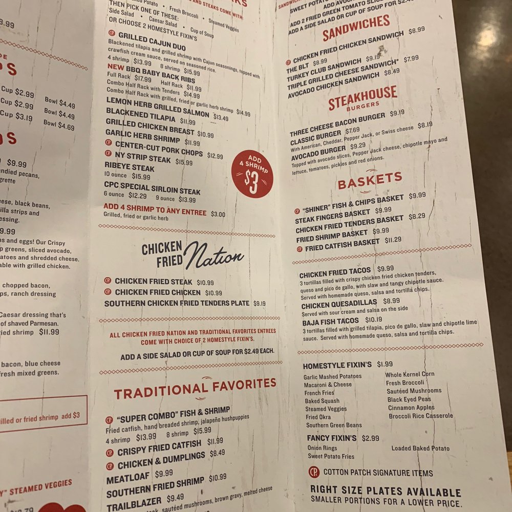 Cotton Patch Cafe - Menu - American Near Me - Tyler, Texas Cotton Patch Cafe - Menu - American Near Me - Tyler, Texas