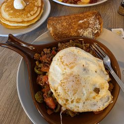 Sara's Kitchen - San Antonio skillet with side of pancakes and "burnt" bacon so its crispy not actually burnt