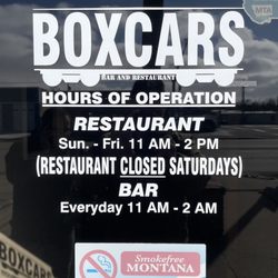 Boxcars Restaurant and Bar - Hours
