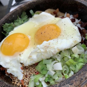 The Attic - Breakfast Rice in a Stone Bowl (before mixing) - Breakfast & Brunch Near Me - Long Beach, California