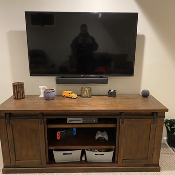 Tech Bros - Mounted TV and Soundbar with all wires hidden inside the wall. - Home Automation Near Me