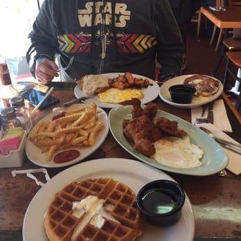 Momo's Cafe - Delicious chicken and waffles with a side of crinkle fries and my soon to be hubby is having chicken fried steak with pancakes ! - American Near Me - Vallejo, California Momo's Cafe - Delicious chicken and waffles with a side of crinkle fries and my soon to be hubby is having chicken fried steak with pancakes ! - American Near Me - Vallejo, California