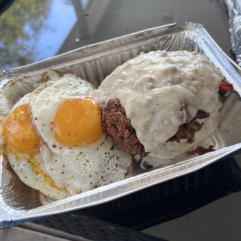 The Fancy Biscuit - The Fan with an extra egg.  Frigging delicious.  The chicken was so damn juicy! - Breakfast & Brunch Near Me - Richmond, Virginia
