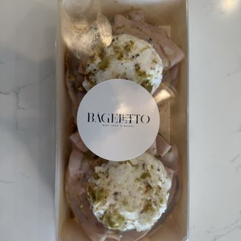 Bageletto - Mortadella, pistachio spread, fresh creamy burrata with crushed pistachios. Love the packaging and presentation! - Bagels Near Me - San Francisco, California Bageletto - Mortadella, pistachio spread, fresh creamy burrata with crushed pistachios. Love the packaging and presentation! - Bagels Near Me - San Francisco, California