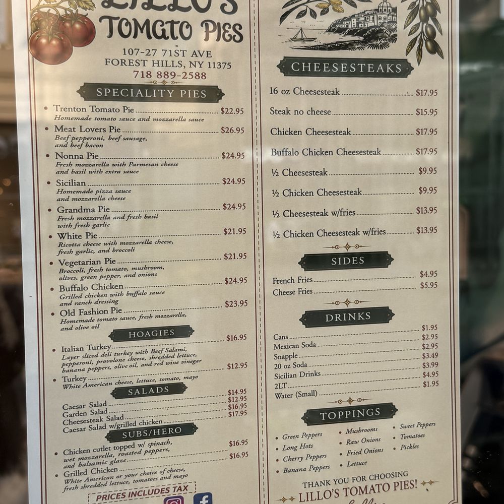 Lillo’s Tomato Pie - Menu - Cheesesteaks Near Me - Forest Hills, New York Lillo’s Tomato Pie - Menu - Cheesesteaks Near Me - Forest Hills, New York