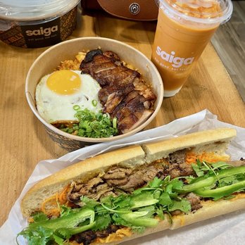 Saiga Vietnamese Eatery - Grilled pork banh mi, pork belly Kimchi Fried Rice with Pork Belly, and Coconut Thai Tea (Blended) - Vietnamese Near Me - Irvine, California