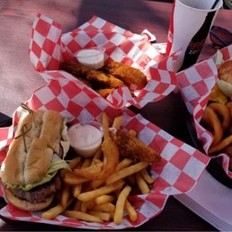 The steak sandwich, hamburger and chicken wings. The steak sandwich, hamburger and chicken wings.
