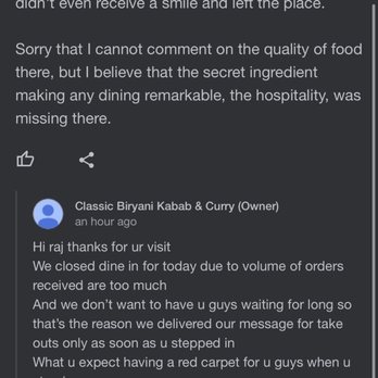 Classic Biryani Kabab & Curry - Review reply - Indian Near Me - Manchester, New Hampshire