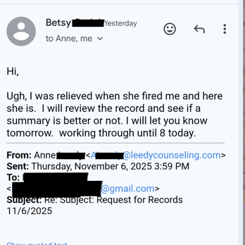Leedy/Abbey Counseling Services - Betsy, my former therapist at this soon to close practice, (Yay!) was disparaging me when I simply asked for my records. - Counseling & Mental Health Near Me - Carlisle, Pennsylvania