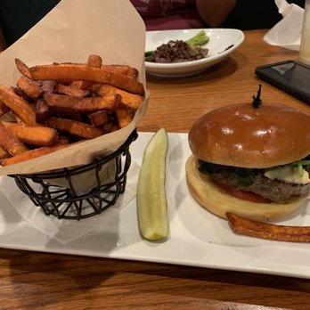 Clever Monkey Craft Grill & Bar - Spinach burger with sweet potato fries - New American Near Me - Osprey, Florida Clever Monkey Craft Grill & Bar - Spinach burger with sweet potato fries - New American Near Me - Osprey, Florida