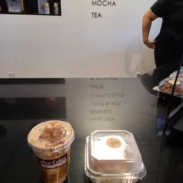 Biscoff iced latte and classic crumble cake.