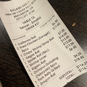 Kigaru Sushi - Receipt - Japanese Near Me - Beaverton, Oregon Kigaru Sushi - Receipt - Japanese Near Me - Beaverton, Oregon