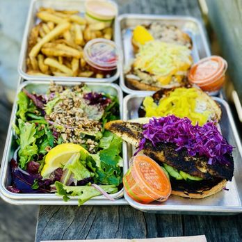 Hook Fish - Simple salad, side of fries, grilled fish sandwich, tuna burger with carrot habanero sauce of the side - Seafood Near Me - San Francisco, California Hook Fish - Simple salad, side of fries, grilled fish sandwich, tuna burger with carrot habanero sauce of the side - Seafood Near Me - San Francisco, California