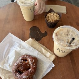 Sourdough pretzel, autumn spice latte, apple muffin