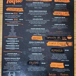 El Toque - Menu in Spanish on the flip side