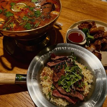 Thaiger Den - Tom Yumm soup and pork belly and steak - Thai Near Me - Malden, Massachusetts