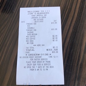 Jims Burgers - Charged $10.99 for a breakfast when their sign says $7.99... they justified saying the special is for kids - Burgers Near Me - La Mirada, California Jims Burgers - Charged $10.99 for a breakfast when their sign says $7.99... they justified saying the special is for kids - Burgers Near Me - La Mirada, California