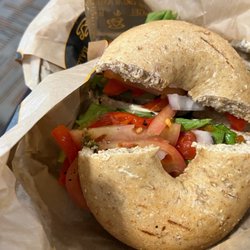 The Great American Bagel Bakery - Veggie bagel sandwich, all the veggies sloppily slapped together, $10 for mediocre sandwich