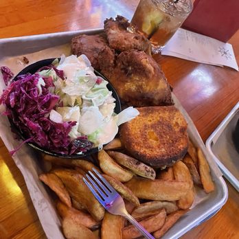 Clearman's Galley - Bbq chicken plate with fries and salad $18 bucks what a deal and so good - American Near Me - San Gabriel, California