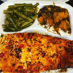 Polite’s Tasty Palace - Mama Lisa's Honey Glazed Salmon/over rice, Sweet candy yams w/marshmallows and smoked green beans