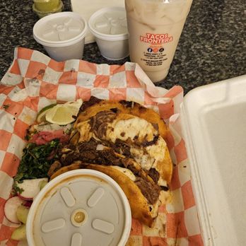 Tacos Frontera - Quesabrirra tacos 4 of them with consome, limes, onion, cilantro, radishes, cucumbers, and pickled red onions. And a horchata. - Tacos Near Me - Katy, Texas Tacos Frontera - Quesabrirra tacos 4 of them with consome, limes, onion, cilantro, radishes, cucumbers, and pickled red onions. And a horchata. - Tacos Near Me - Katy, Texas