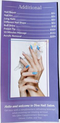 Our Priorities*Client-Focused*High-Quality Products*Grade-A Sanitation Standards. - Manicure*Pedicure*Eyelash Services*Shellac - Gel*Waxing*.Enhancements
Acrylic New Set & Shellac Gel Color
$50
Acrylic Fill & Shellac Gel Color
$40
Gel White Tip New Set
$50
Pink & White New Set
$65
Pink & White Fill
$65
Ombre New Set
$65
Ombre Fill
$65 Our Priorities*Client-Focused*High-Quality Products*Grade-A Sanitation Standards. - Manicure*Pedicure*Eyelash Services*Shellac - Gel*Waxing*.Enhancements
Acrylic New Set & Shellac Gel Color
$50
Acrylic Fill & Shellac Gel Color
$40
Gel White Tip New Set
$50
Pink & White New Set
$65
Pink & White Fill
$65
Ombre New Set
$65
Ombre Fill
$65