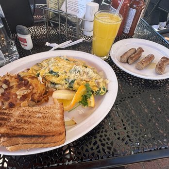 The Belgian Cafe - veggie omelette, hash browns, turkey sausage, orange juice, white toast - Breakfast & Brunch Near Me - Solvang, California The Belgian Cafe - veggie omelette, hash browns, turkey sausage, orange juice, white toast - Breakfast & Brunch Near Me - Solvang, California