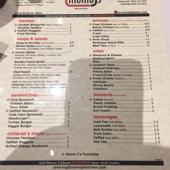 Mama J's Kitchen - A snap of their menu and prices. Remember A'la Carte!! - Soul Food Near Me - Richmond, Virginia Mama J's Kitchen - A snap of their menu and prices. Remember A'la Carte!! - Soul Food Near Me - Richmond, Virginia