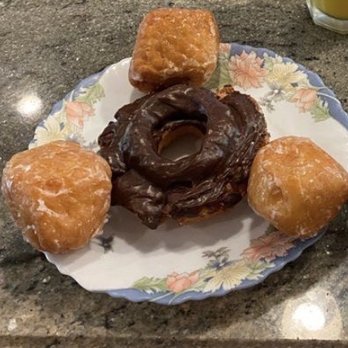 Happy Donuts - De Anza - Chocolate Kreller Donut with 3 Raspberry filled Donut Holes. - Donuts Near Me - San Jose, California Happy Donuts - De Anza - Chocolate Kreller Donut with 3 Raspberry filled Donut Holes. - Donuts Near Me - San Jose, California